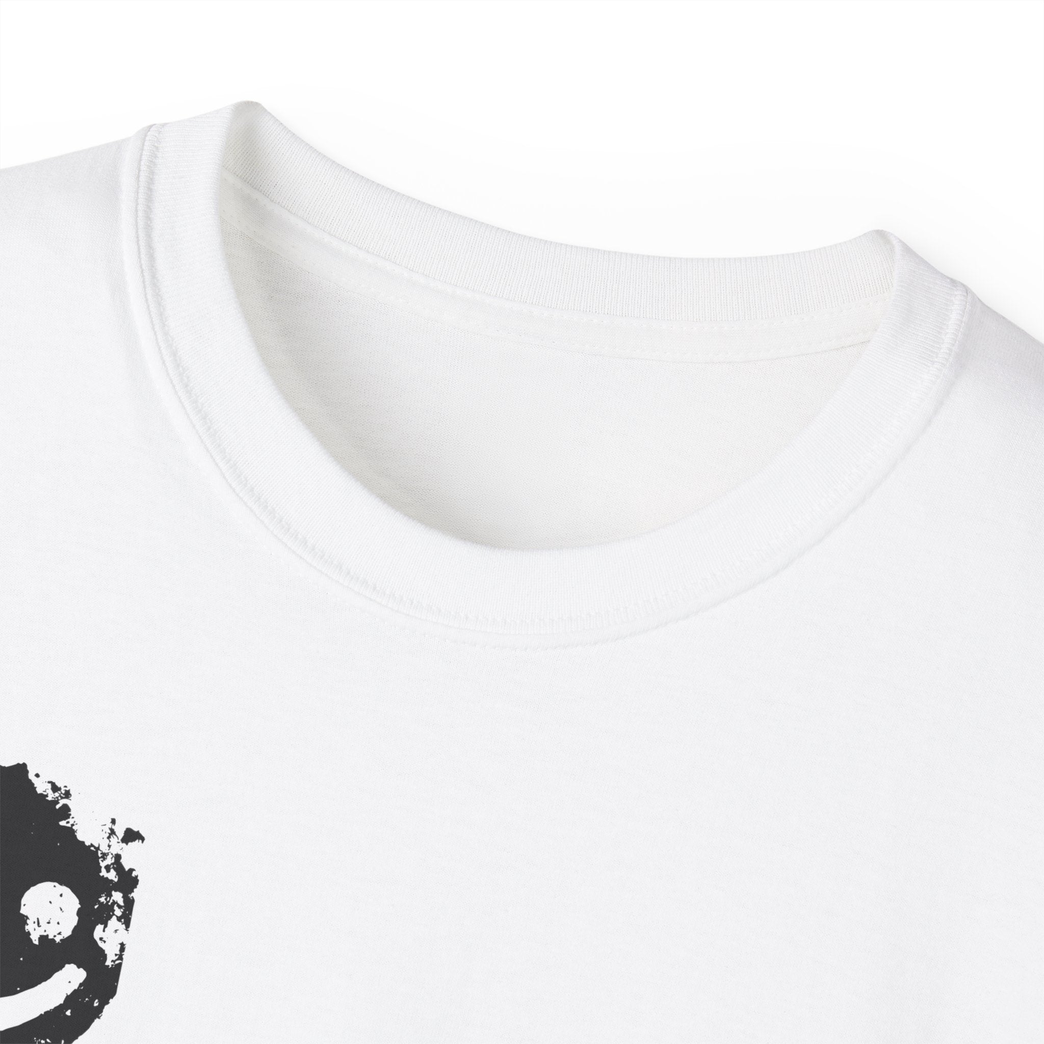 Smiley Crest Cotton Tee — Red Smiley Front, 'CORVUS' Star Logo Back