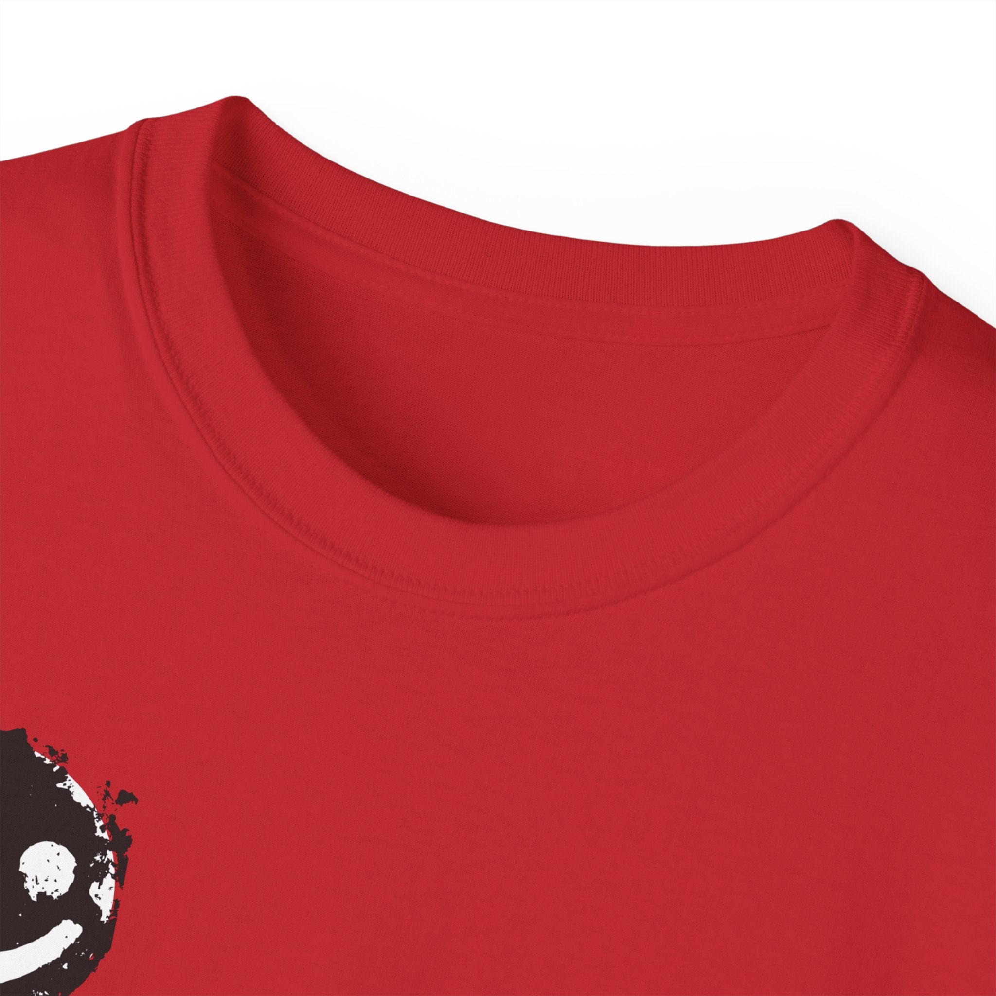 Smiley Crest Cotton Tee — Red Smiley Front, 'CORVUS' Star Logo Back