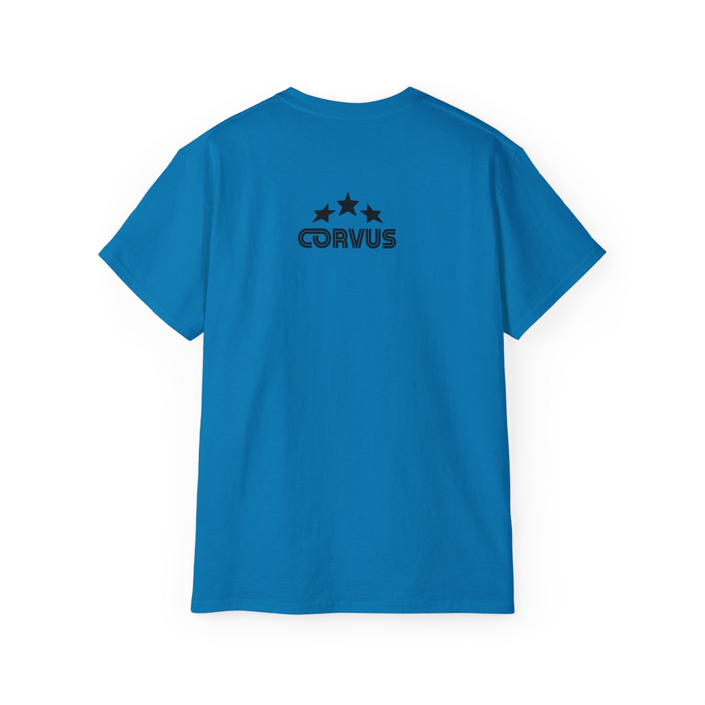 Smiley Crest Cotton Tee — Red Smiley Front, 'CORVUS' Star Logo Back