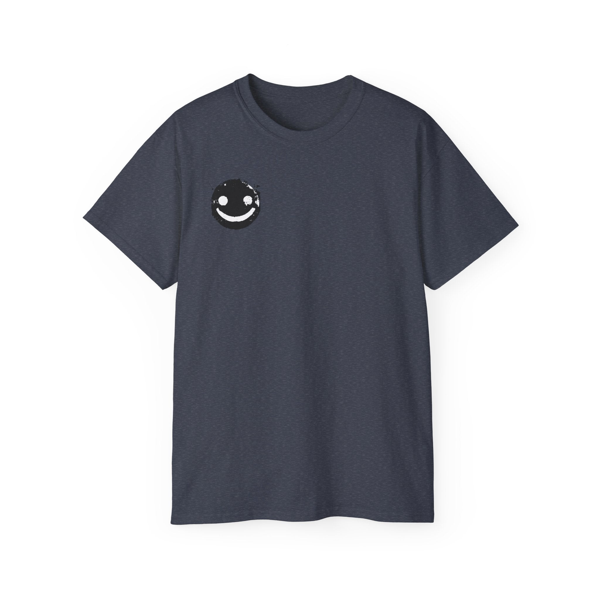 Smiley Crest Cotton Tee — Red Smiley Front, 'CORVUS' Star Logo Back